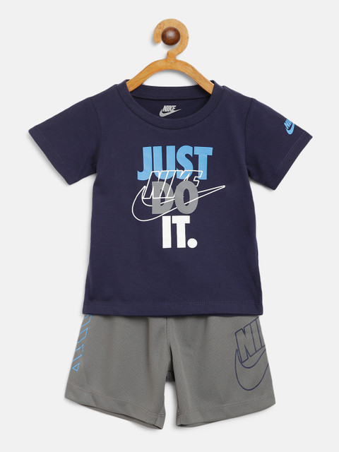 

Nike Boys Navy Blue & Charcoal Grey Brand Logo Print T-shirt with Mesh Shorts