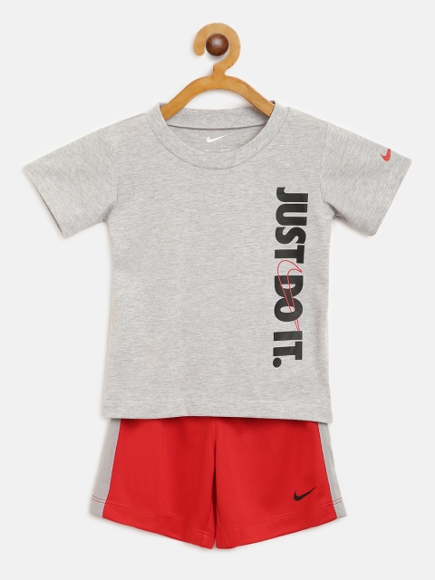 

Nike Boys Grey Melange & Red JDI Brand Logo Print T-shirt with Shorts