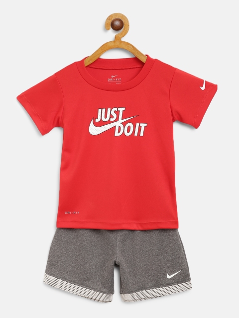 

Nike Boys Red & Charcoal Grey JDI Brand Logo Print Dri-FIT T-shirt with Shorts