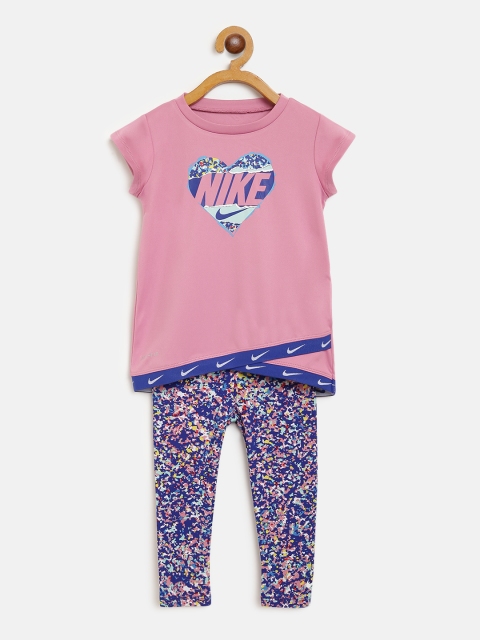 

Nike Girls Pink & Blue REGRIND Brand Logo Print Dri-FIT Top with Leggings