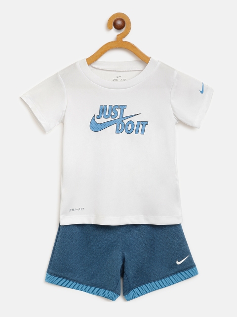 

Nike Boys White & Navy Blue JDI Brand Logo Print Dri-FIT T-shirt with Shorts