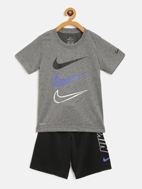 

Nike Boys Charcoal Grey & Black DF Dropsets Brand Logo Print Dri-FIT T-shirt with Shorts