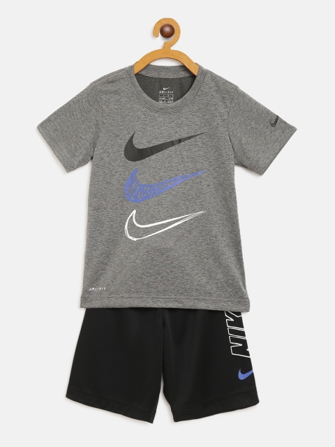

Nike Boys Charcoal Grey & Black DF Dropsets Brand Logo Print Dri-FIT T-shirt with Shorts