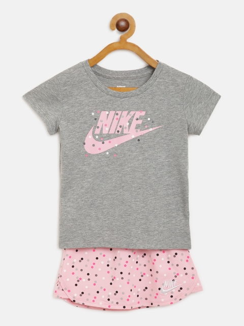

Nike Girls Grey Melange & Pink 2.0 Scooter Brand Logo & Polka Dot Print Tshirt with Skorts