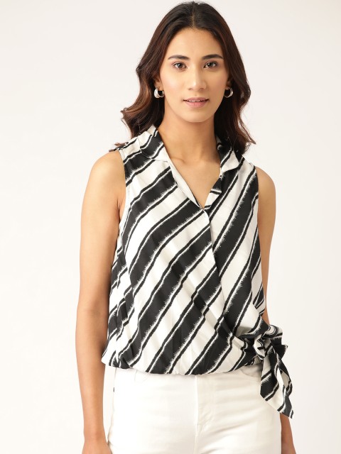 

RIVI Women White & Black Striped Monochrome Crepe Wrap Top