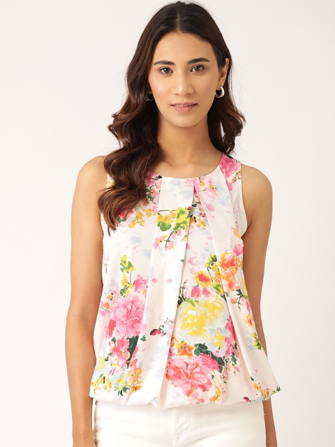 

RIVI Women White & Pink Floral Printed Crepe Blouson Top