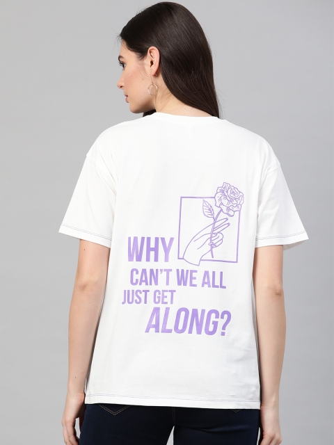 

VividArtsy Women White Purple Back Printed Loose Fit Round Neck Pure Cotton T-shirt