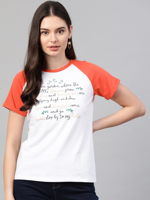 

VividArtsy Women White Black Printed Round Neck Pure Cotton T-shirt