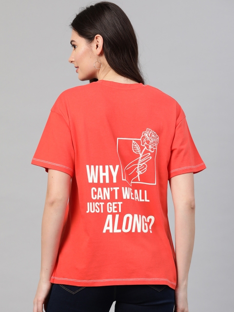 

VividArtsy Women Orange White Back Printed Loose Fit Round Neck Pure Cotton T-shirt