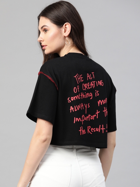 

VividArtsy Women Black Red Back Boxy Fit Printed Round Neck Crop Pure Cotton T-shirt