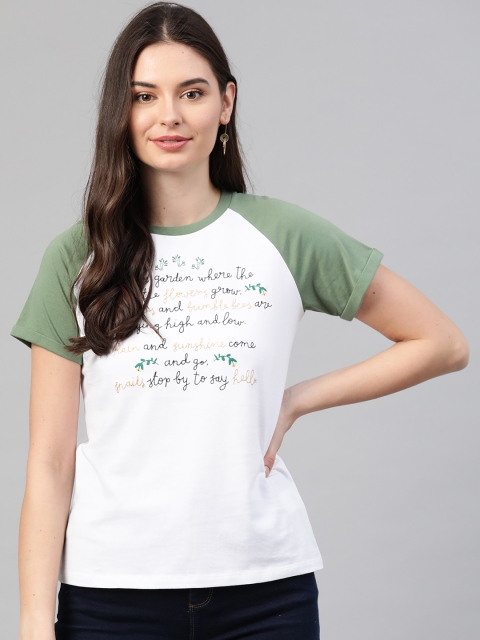 

VividArtsy Women White & Green Printed Pure Cotton Round Neck T-shirt