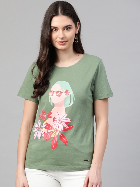 

VividArtsy Women Green & Pink Printed Pure Cotton Round Neck T-shirt