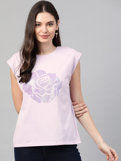 

VividArtsy Women Lavender Printed Loose Fit Round Neck Pure Cotton T-shirt