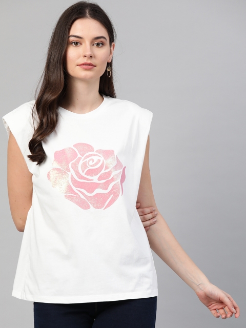 

VividArtsy Women White & Pink Printed Loose Fit Pure Cotton Round Neck T-shirt