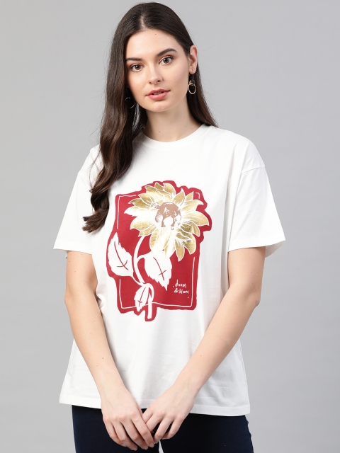 

VividArtsy Women White Red Printed Loose Fit Round Neck Pure Cotton T-shirt