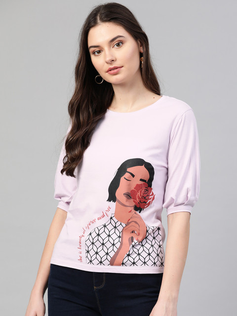 

VividArtsy Women Lavender Black Graphic Printed Round Neck Pure Cotton T-shirt
