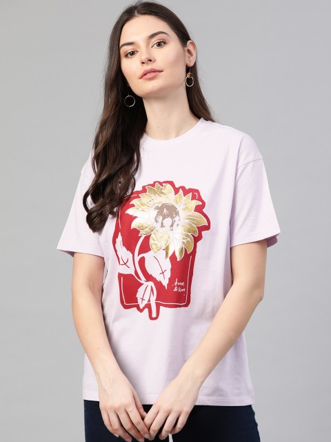 

VividArtsy Women Lavender RED Printed Round Neck Pure Cotton T-shirt