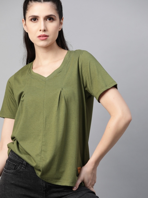 

The Roadster Lifestyle Co Olive Green Solid Pleated Regular Top
