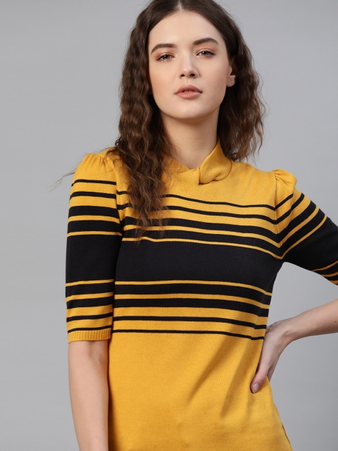 

Roadster Mustard Yellow & Black Striped Twisted Flat Knit Top