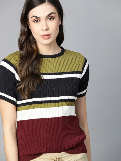 

Roadster Green & Black Colourblocked Ribbed Flat Knit Top