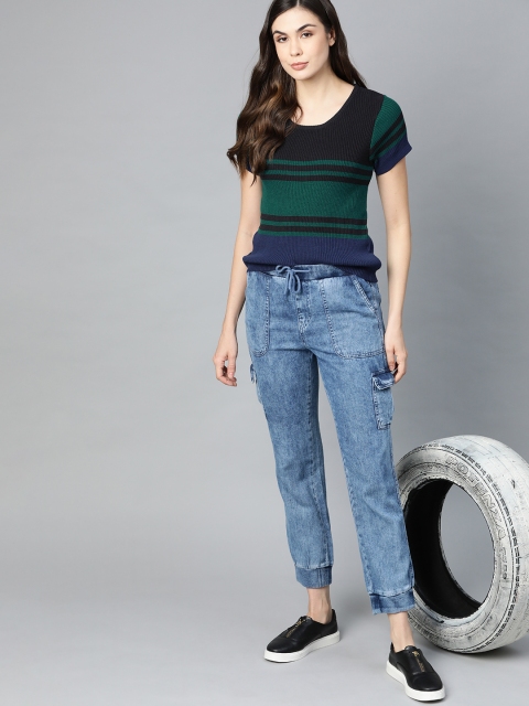 

Roadster Green & Black Striped Flat Knit Top