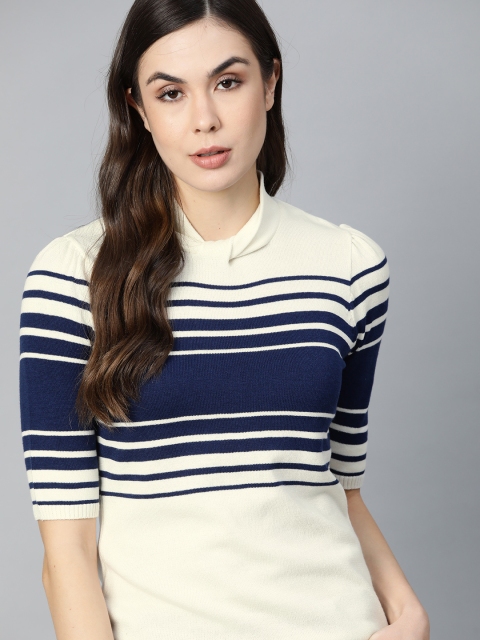 

The Roadster Lifestyle Co Off White & Navy Blue Striped Twisted Flat Knit Top