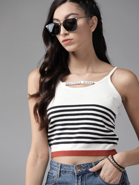 

Roadster Off-White & Black Striped Shoulder Straps Regular Winter Crop Top