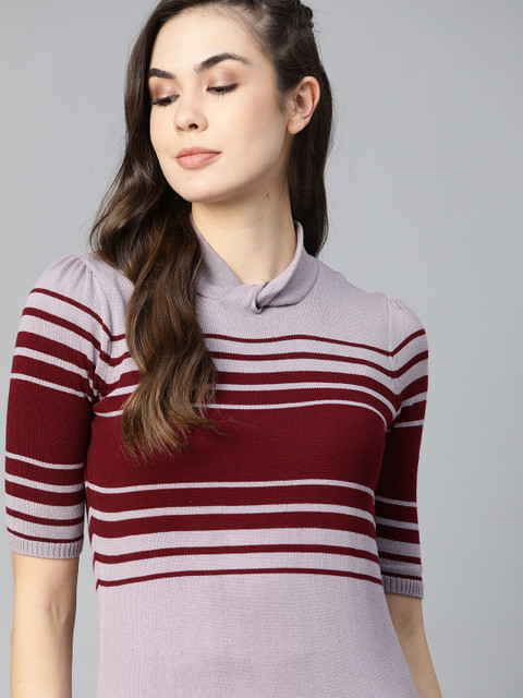 

The Roadster Lifestyle Co Lavender & Maroon Striped Twisted Flat Knit Top
