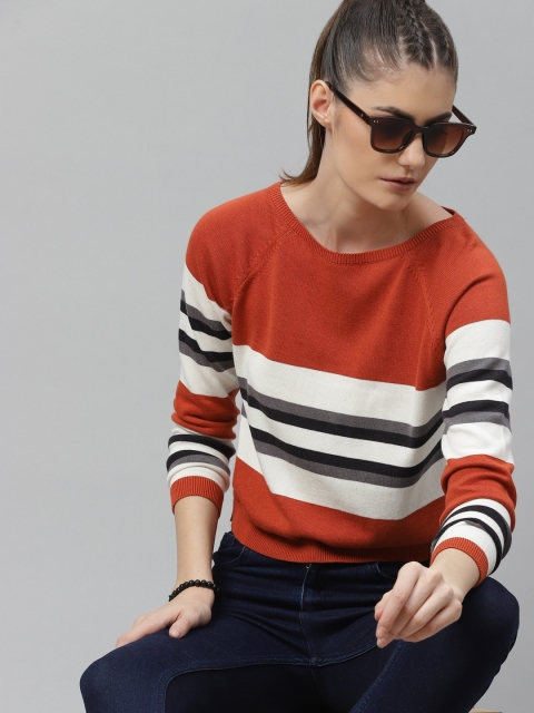 

Roadster Women Rust Orange & White Striped Boat Neck Flat Knit T-shirt