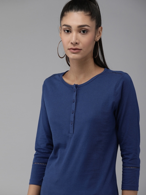 

Roadster Women Navy Blue Solid Pure Cotton Regular Top