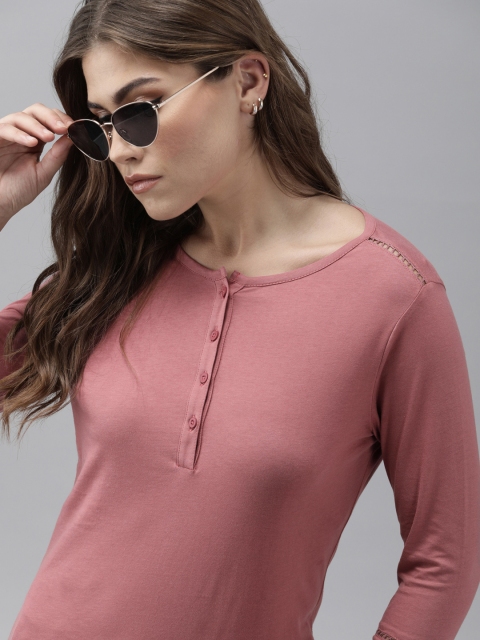 

Roadster Women Rose Pink Pure Cotton Round Neck Regular Top