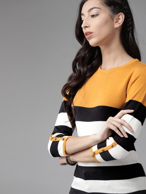 

Roadster Mustard Yellow & Black Striped Regular Flat Knit Top