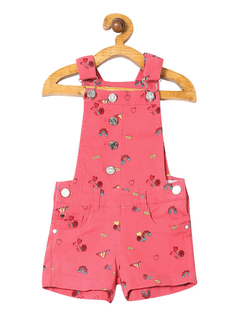 

Cherokee Girls Coral Pink Printed Denim Dungarees