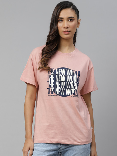 

Roadster Women Peach-Coloured Boxy Printed Cotton T-Shirt
