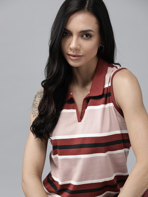 

The Roadster Lifestyle Co Women Pink & Maroon Striped Polo Collar Must Have Relaxed T-shirt