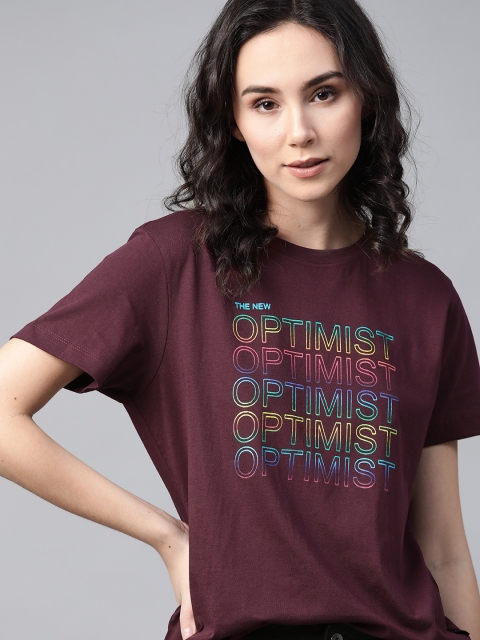 

Roadster Women Burgundy Green Typography Print Pure Cotton T-shirt