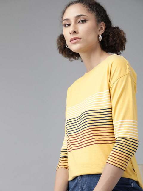 

The Roadster Lifestyle Co Women Yellow & Maroon Striped Must Have Relaxed T-shirt