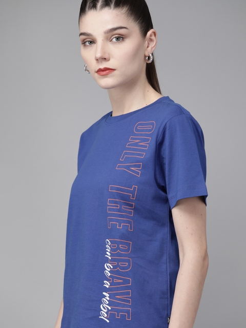 

The Roadster Lifestyle Co Women Blue Printed Pure Cotton Round Neck T-shirt