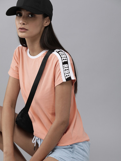 

The Roadster Lifestyle Co Women Peach-Coloured Solid Extended Sleeves Pure Cotton T-shirt