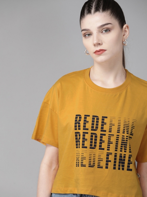 

The Roadster Lifestyle Co Women Mustard Yellow & Black Born to Roam Printed Pure Cotton Boxy T-shirt