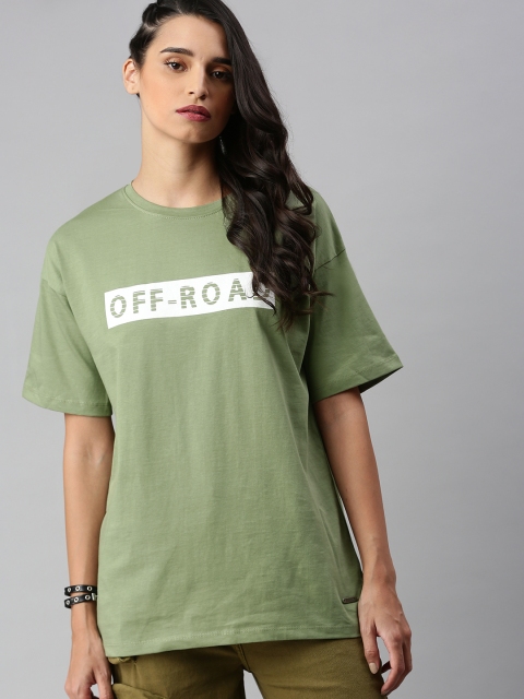 

The Roadster Lifestyle Co Women Green Printed Round Neck Pure Cotton T-shirt