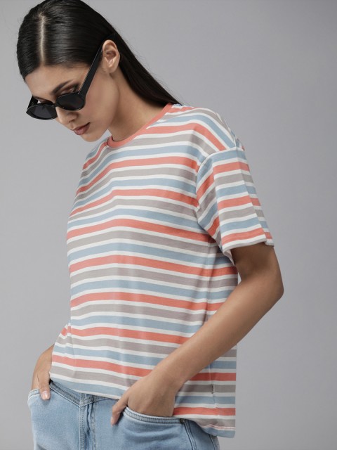 

The Roadster Lifestyle Co Women White & Orange Striped Extended Sleeves Loose T-shirt