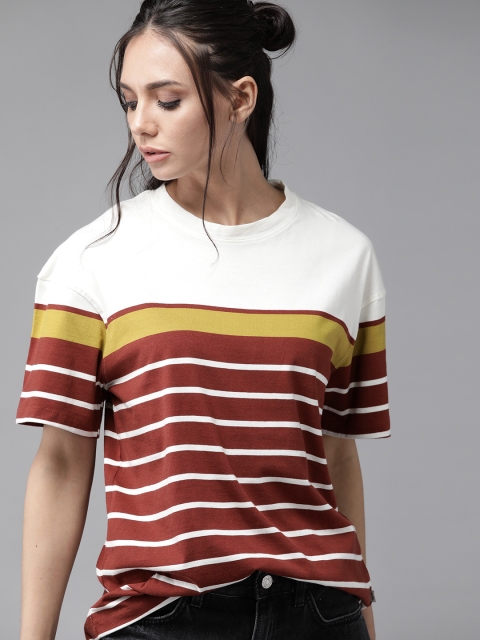 

The Roadster Lifestyle Co Women Maroon White Boxy Fit Striped Drop-Shoulder Sleeves Pure Cotton T-shirt