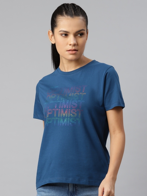 

The Roadster Lifestyle Co Women Blue Typography Printed Pure Cotton T-shirt