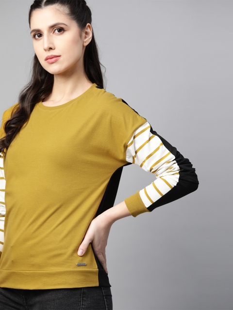 

Roadster Women Mustard Yellow Pure Cotton Solid Extended Sleeves T-shirt
