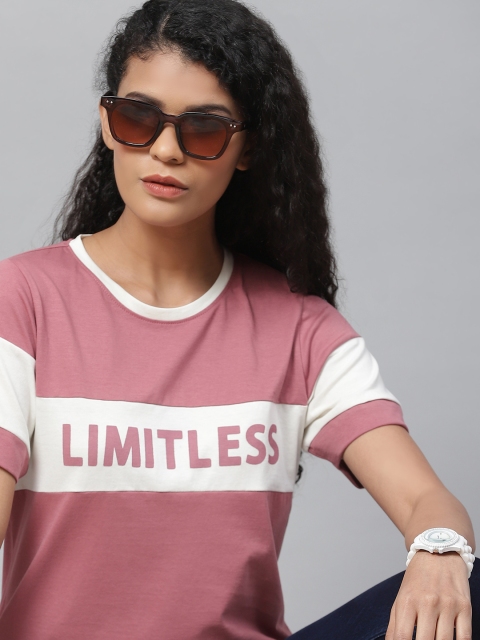 

The Roadster Lifestyle Co Women Pink & White Colourblocked Cotton T-shirt