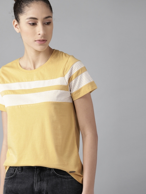 

The Roadster Lifestyle Co Women Yellow Striped Cotton Pure Cotton T-shirt