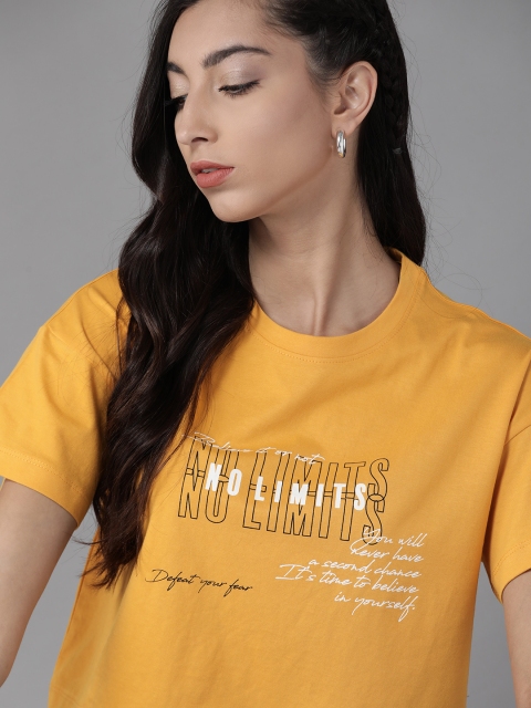 

The Roadster Lifestyle Co Women Yellow Printed Boxy Fit Round Neck Pure Cotton Crop Pure Cotton T-shirt