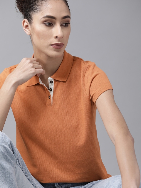 

The Roadster Lifestyle Co Women Peach-Coloured Pure Cotton Polo Collar T-shirt