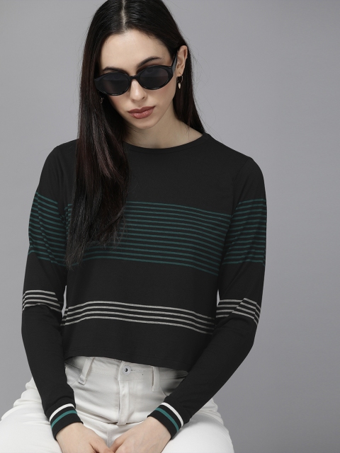 

The Roadster Lifestyle Co Women Black and Green Striped T-shirt